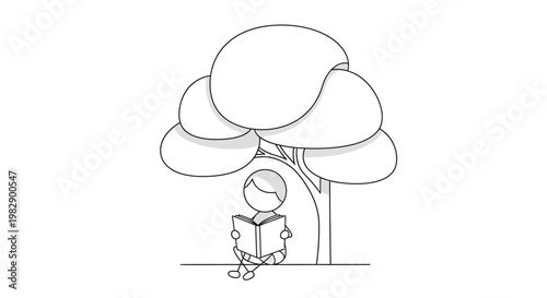 Child sitting under a tree reading.