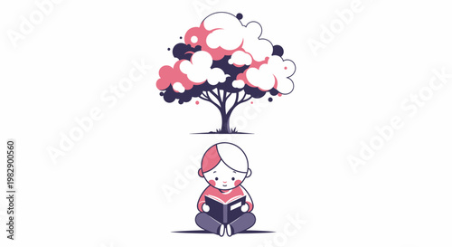 Child sitting cross-legged reading book.