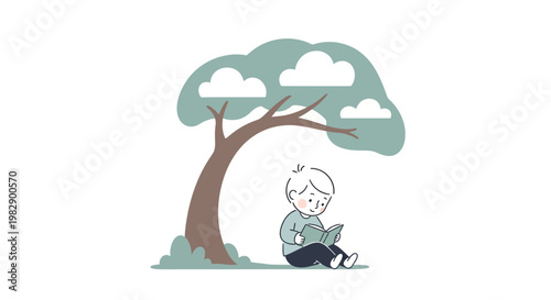 Cartoon boy sitting under tree.