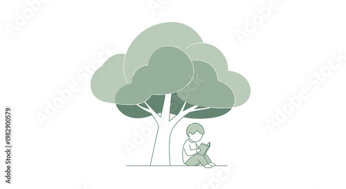 Child Sitting Under Large Tree Reading.