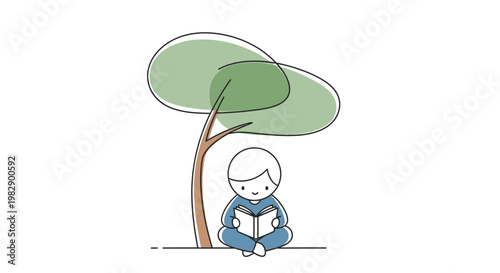 Child Sitting Under Tree Reading Book.