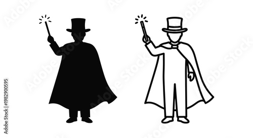 Two silhouetted magicians hold illuminated wands displaying a classic magic show scene