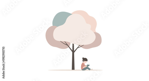 Woman Sitting Under Tree Alone.