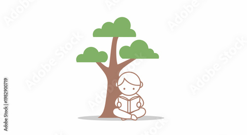 Child sitting under tree reading book.