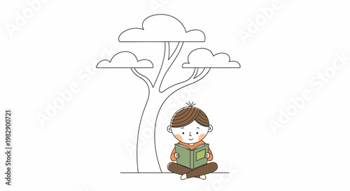 Boy sitting cross-legged reading book.