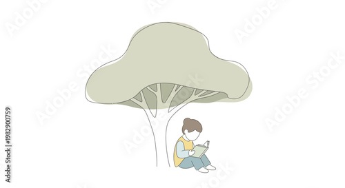 Child Reading Under Tree Alone.