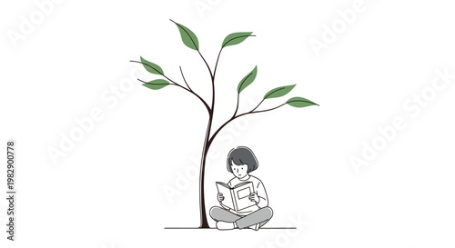 Child Sitting Under Tree Reading Book.