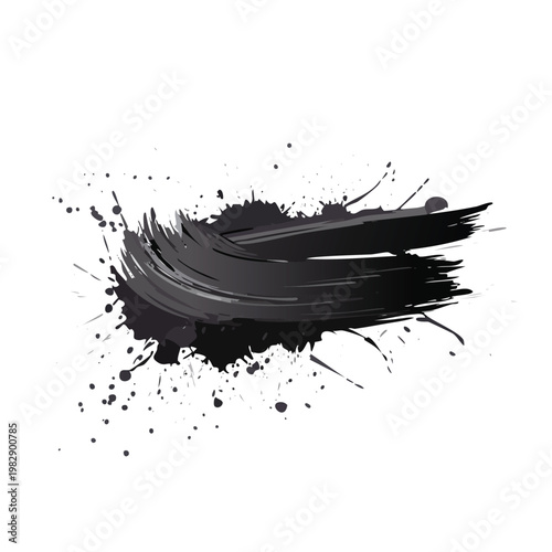 Abstract black paint brush stroke with splatter on white background