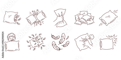 Set of Hand Drawn Icons Featuring Pillows and Pillow Fights