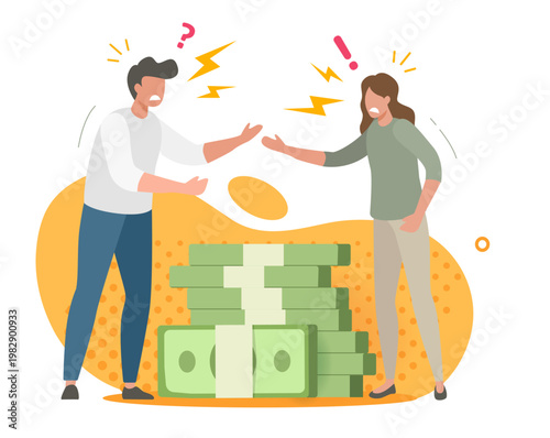 Argument conflict due to money of man woman people vector graphic illustration, modern finance conflict of couple as divorce fight, family budget problem, greed stressed relationship clip art drawn
