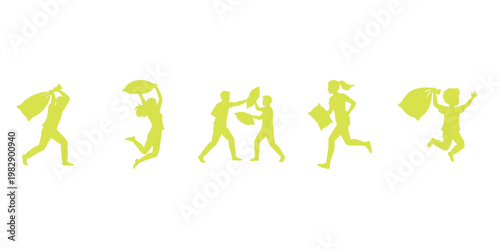 Set of Silhouettes of People Having a Pillow Fight