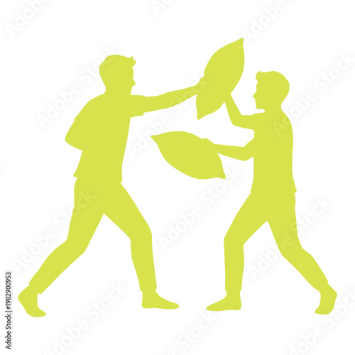 Two Men Having Fun with a Playful Pillow Fight Silhouette