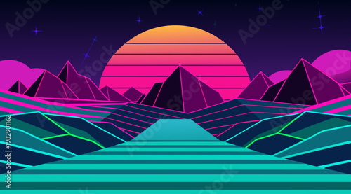 Retro pixel art landscape with glowing neon mountains and a large striped sun at twilight