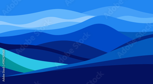 Abstract layered landscape with undulating waves in various shades of blue and cyan