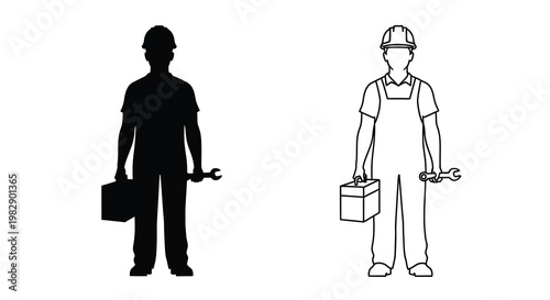 Two contrasting depictions of a worker holding a toolbox and wrench