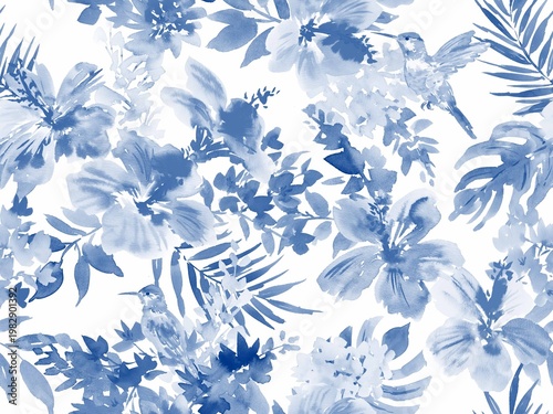 Fotografie Watercolor floral seamless pattern with abstract hand painted indigo blue hibiscus, monstera, tropical leaved and humming birds for fabric, home decor and surface design