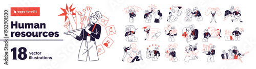 Human resources concept set. Sketches of HR. Searching for candidates, reviewing of CV, job interviews, recruitment and onboarding. Employee hiring. Flat isolated outline vector illustrations on white