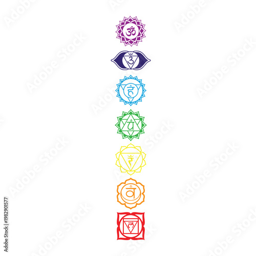 Minimalist vector illustration of the seven chakras symbols aligned vertically, including Root, Sacral, Solar Plexus, Heart, Throat, Third Eye, and Crown, isolated on white background. 