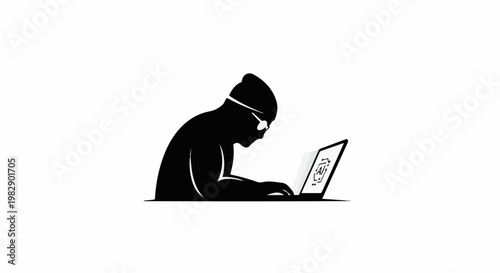 Silhouette of person in beanie and glasses, focused on laptop screen showing AI