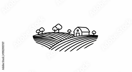 Rolling fields, trees, and a simple barn under a clear sky