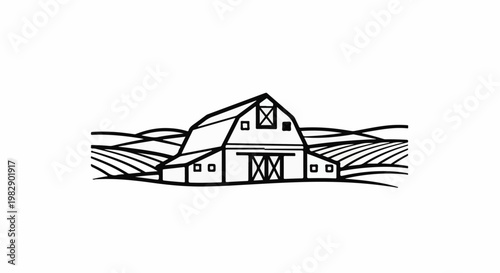 Stylized line art depiction of a barn with surrounding fields