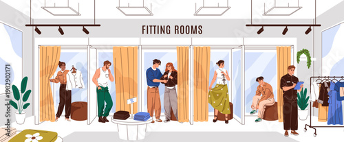 People are in fitting room. Customers try clothes in dressing booths with curtains. Buyers are shopping in fashion store. Men and women choose stylish garments in shop. Flat vector illustration