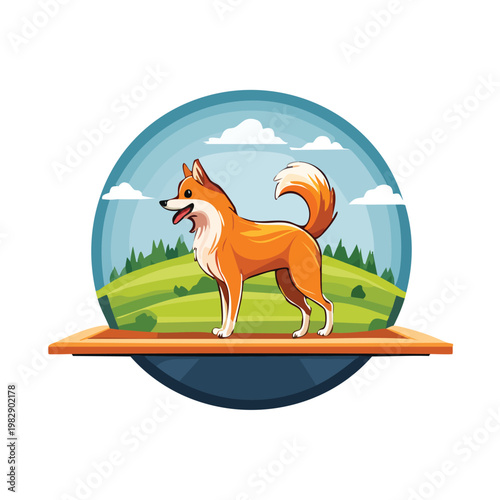 Stylized illustration of a shiba inu dog on a decorative platform