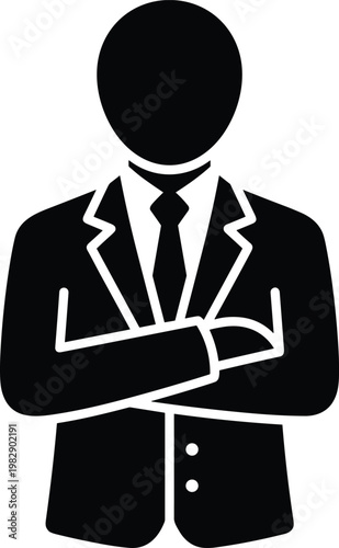 A confident businessman stands with arms crossed, dressed in a formal suit.