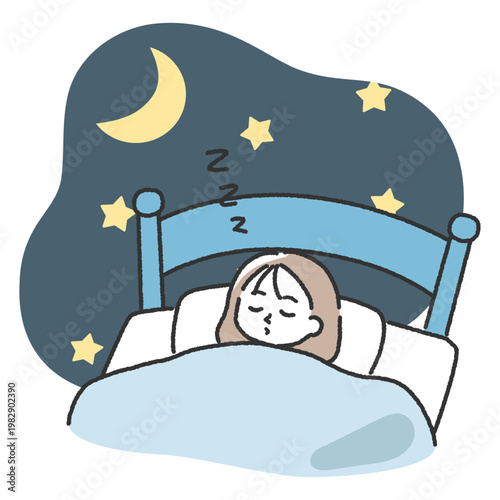 ベッドで熟睡する若い女性のシンプルなイラスト