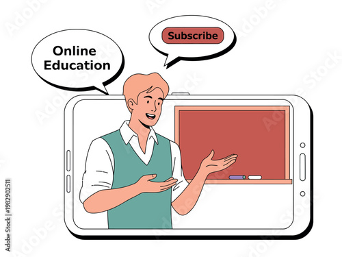 A cartoon man presenting online education on a large smartphone screen with a chalkboard