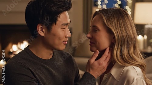 Smiling diverse couple looking at each other in cozy home evening