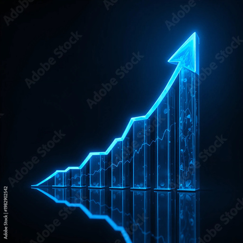 Neon blue glowing upward business graph with arrow