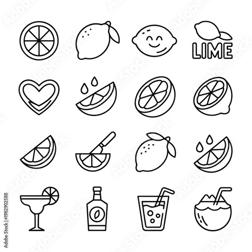 Line art illustration featuring various lemon and lime themed icons