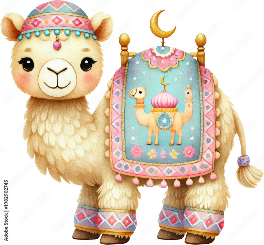 Fototapeta premium Watercolor llama, cute animal, nursery illustration, islamic pattern, crescent moon decor