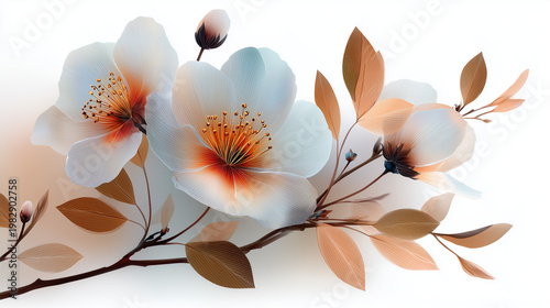 Flowering branch airy watercolor in soft tones representing blossoms on gradient beige-to-white background