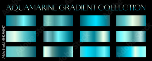Aquamarine gradients collection. Bright set of colorful gradient swatches with vivid high-contrast transitions for modern digital design. Premium colors palette