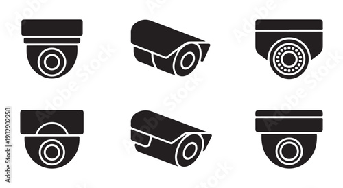 Set of 24 diverse camera and video camera icons in black, representing various recording devices.