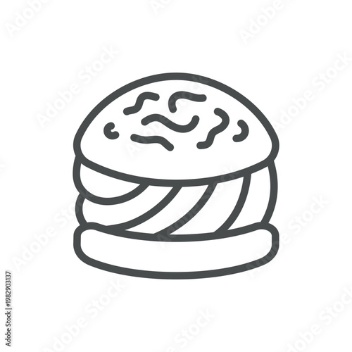 Cream puff choux pastry outline icon. Profiterole with whipped cream filling. Line vector illustration isolated on white
