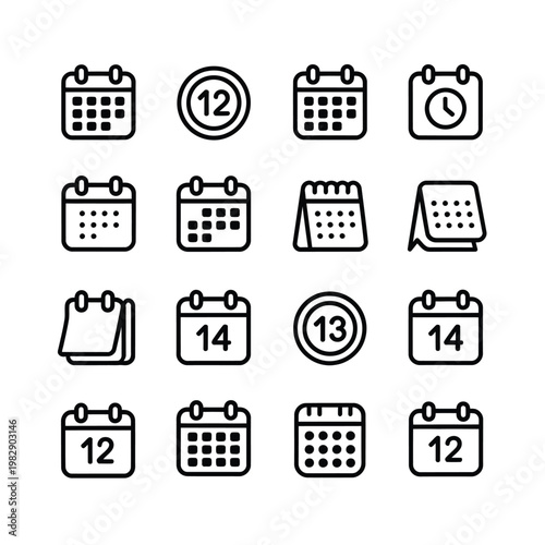 Collection of black line art calendar and clock icons on a white background