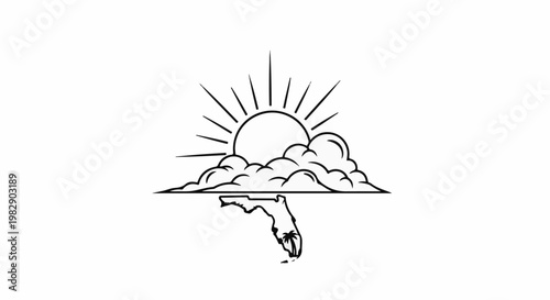 Stylized outline of a state with a sun and clouds above