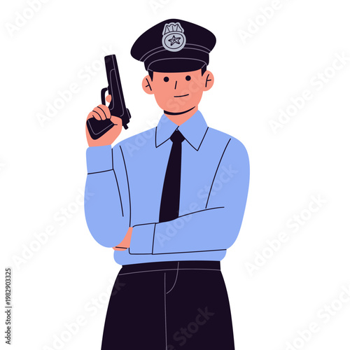 Flat vector illustration of police officer and law enforcement equipment set, including handgun, revolver, badge, flashlight, handcuffs, radio, baton, and bulletproof vest.