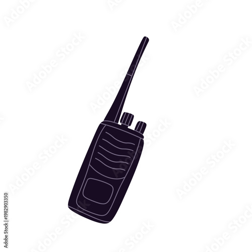 Flat vector illustration of police officer and law enforcement equipment set, including handgun, revolver, badge, flashlight, handcuffs, radio, baton, and bulletproof vest.