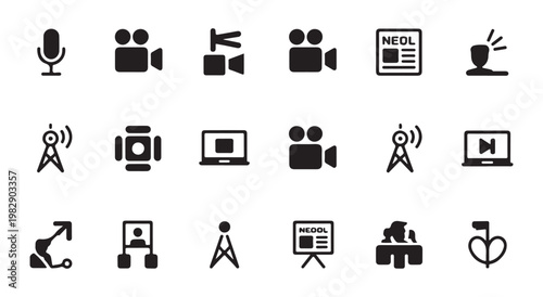 Photography equipment icon set featuring various camera bodies lenses tripods and film canisters silhouettes.