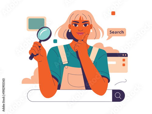 A cartoon woman holding a magnifying glass and thinking deeply about a search query