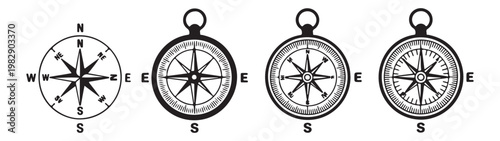 Collection of black and white compass icons, showing various detailed designs of navigational tools.