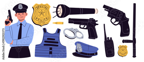 Flat vector illustration of police officer and law enforcement equipment set, including handgun, revolver, badge, flashlight, handcuffs, radio, baton, and bulletproof vest.
