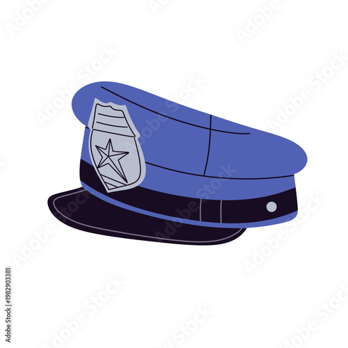Flat vector illustration of police officer and law enforcement equipment set, including handgun, revolver, badge, flashlight, handcuffs, radio, baton, and bulletproof vest.
