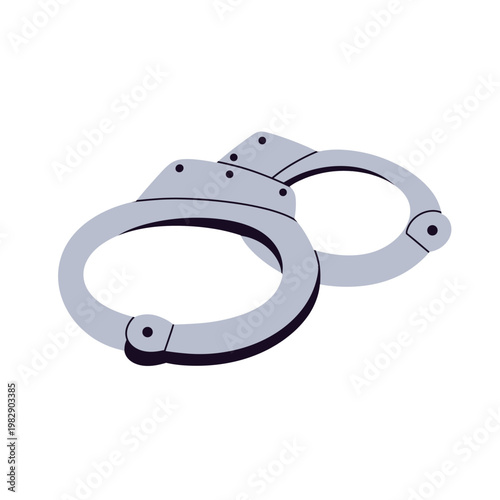 Flat vector illustration of police officer and law enforcement equipment set, including handgun, revolver, badge, flashlight, handcuffs, radio, baton, and bulletproof vest.