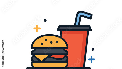 Burger icon with drink cup and colorful plus signs around it