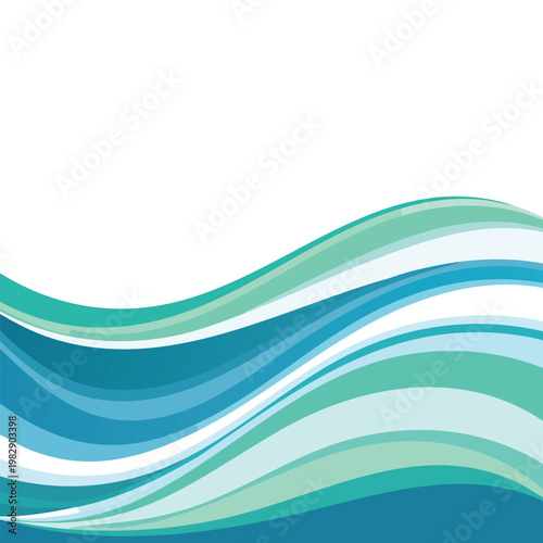 Abstract layered ocean waves design in shades of blue and green against white